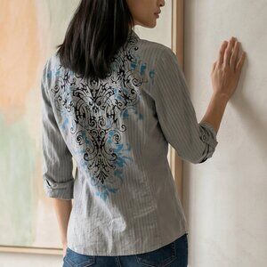 Maurices Jr XL Gray Pinstripe Blue Black & Silver Swirl Design 6-Button Shirt